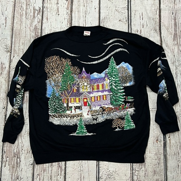 Vintage 1980s Christmas on Main Street Xmas 80s Ugly Sweater Sweatshirt - Picture 1 of 7